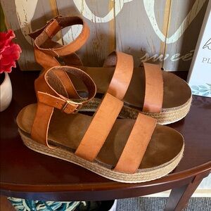 Tan and Brown Flat Sandals with Ankle Strap